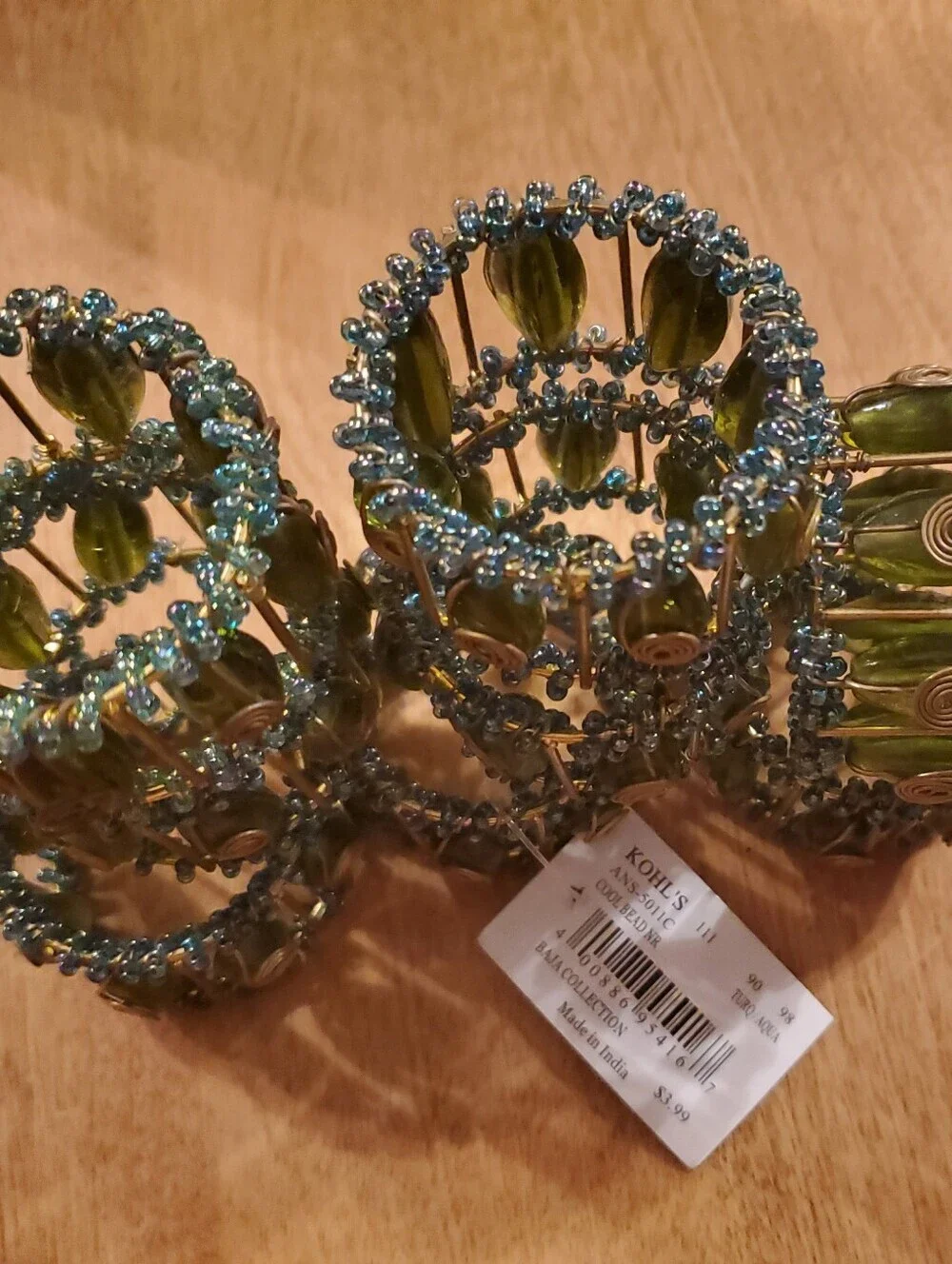 Set of 8 Kohls Baja Collection Green & Turquoise Glass Beaded Napkin Rings Boho